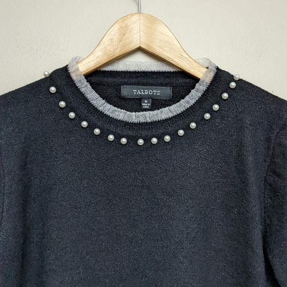 NWOT Talbots Black & White Pearl Long Sleeve Tulle Neck Sweater Size M & L - Picture 2 of 8